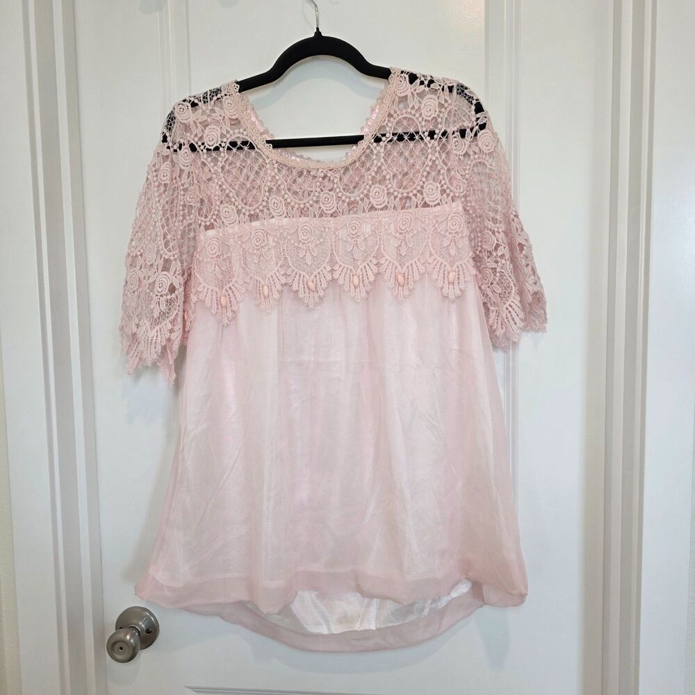 NWT Pretty Angel Blush Pink Tunic Blouse Sz M Silk Blend Crochet Fairy Ethereal